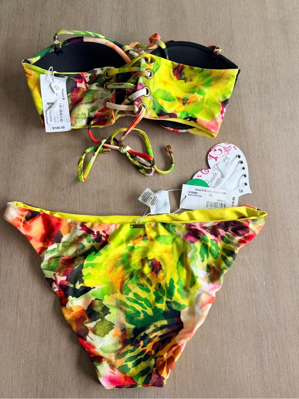 Beach bunny Floral yellow Print Bandeau Bikini Set - Large/XL - Picture 7 of 8
